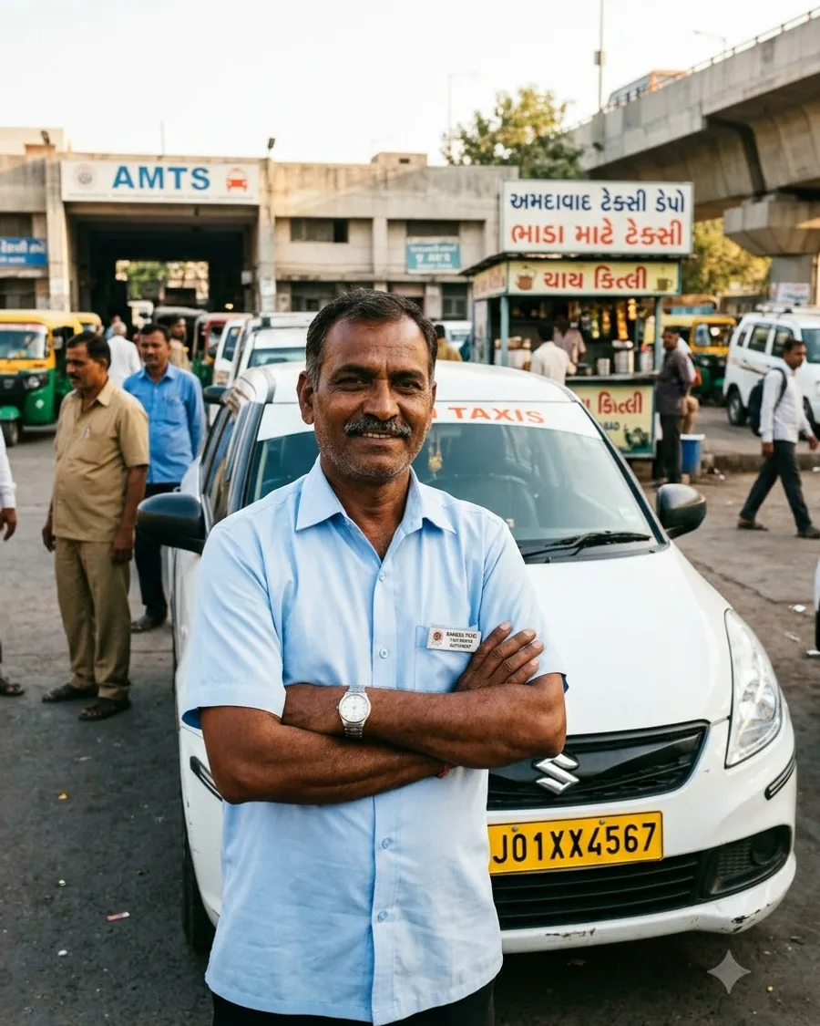 Portrait of a driver in uniform standing beside a clean sedan at the depot, arms folded, warm natural light, genuine and