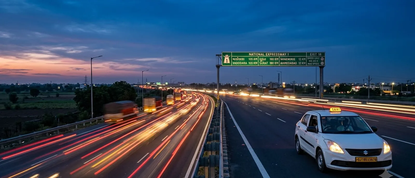 Wide dusk shot of the Ahmedabad to Vadodara expressway, headlights streaking, a single cab in sharp focus in the right t
