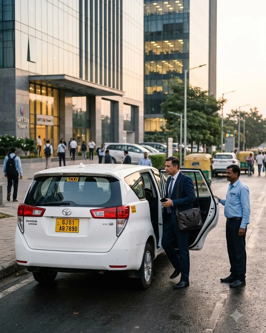 A business traveller in a blazer stepping into a clean sedan outside a glass office building, driver holding the door. N