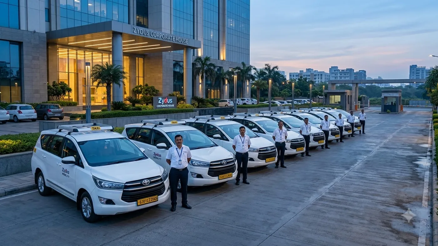 A row of clean white sedans lined up outside a corporate campus at dawn, drivers waiting