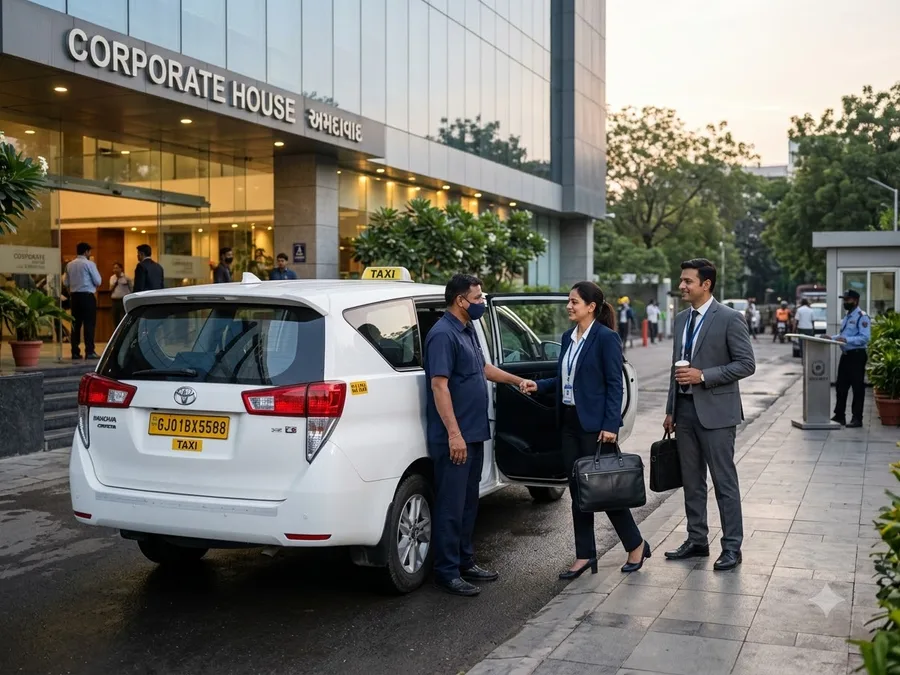 Business traveller stepping into a sedan outside a glass office building