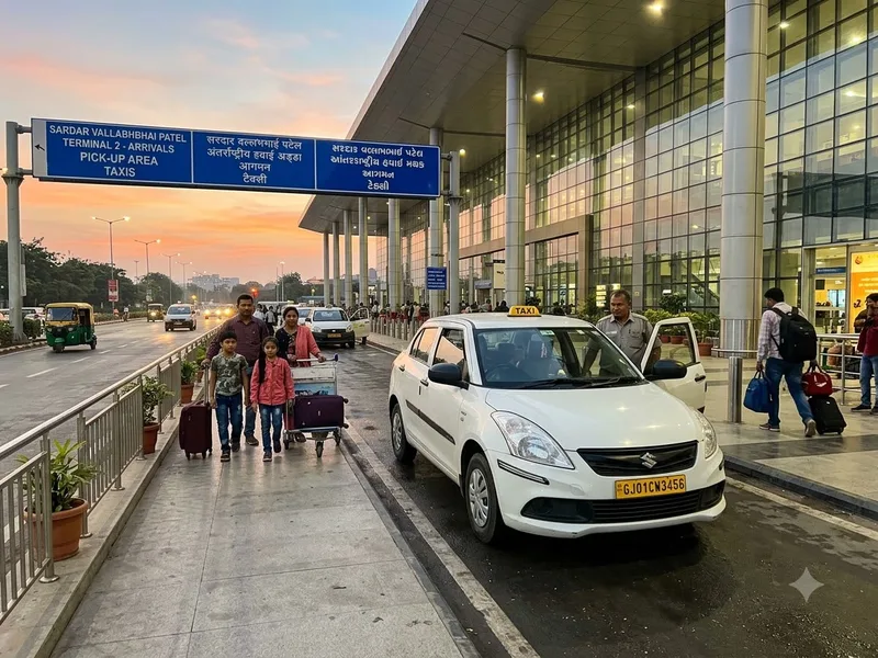 Ahmedabad airport terminal kerbside at dawn, cab waiting
