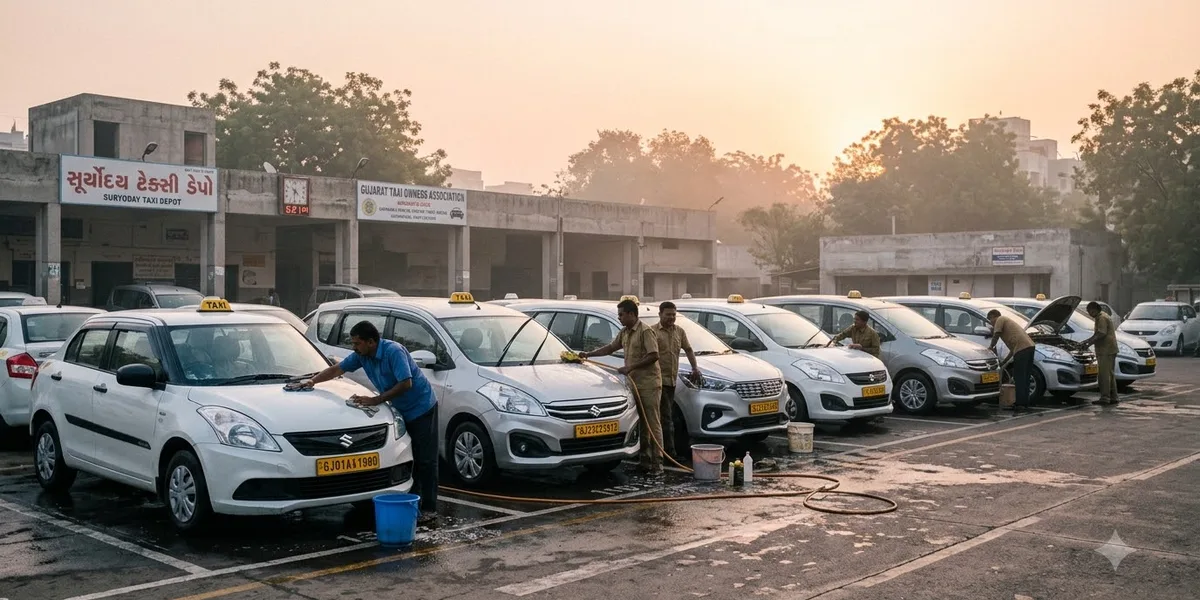 The depot at first light, a line of cars being cleaned