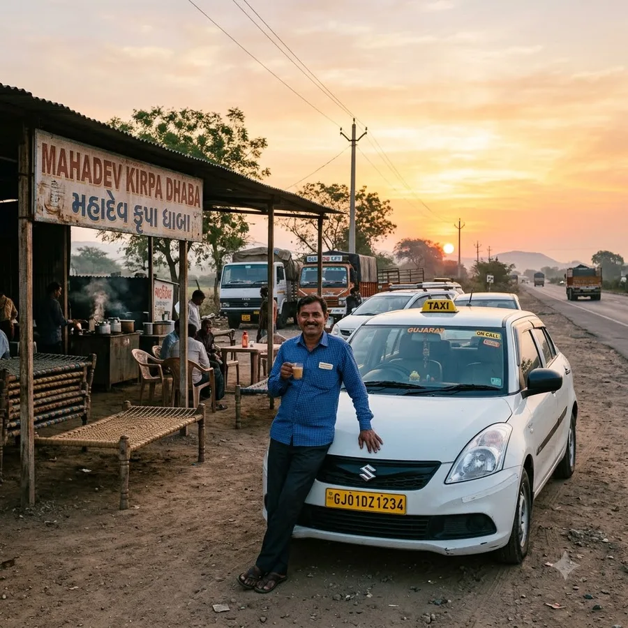 Hero-quality shot of a sedan parked at a Gujarat highway dhaba at sunrise, driver leaning on the bonnet with a cup of ch