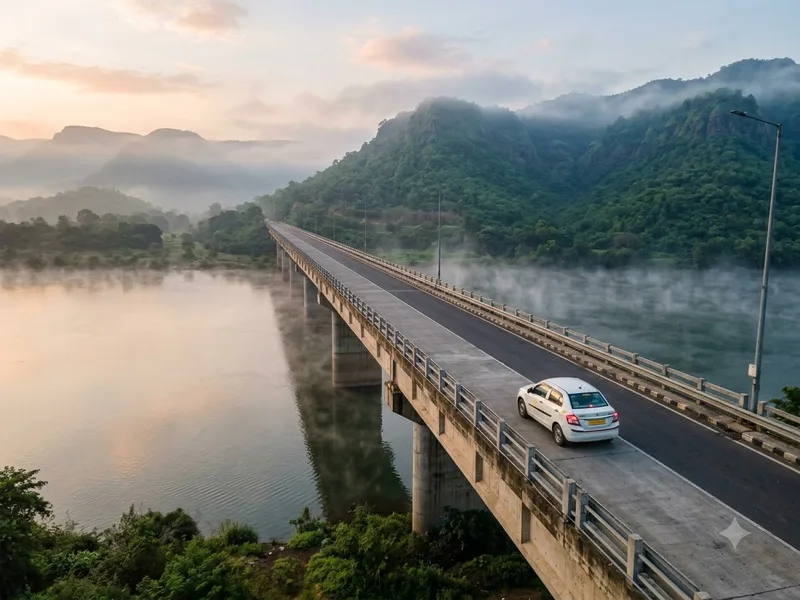 The Narmada bridge on the Kevadiya approach, cab crossing