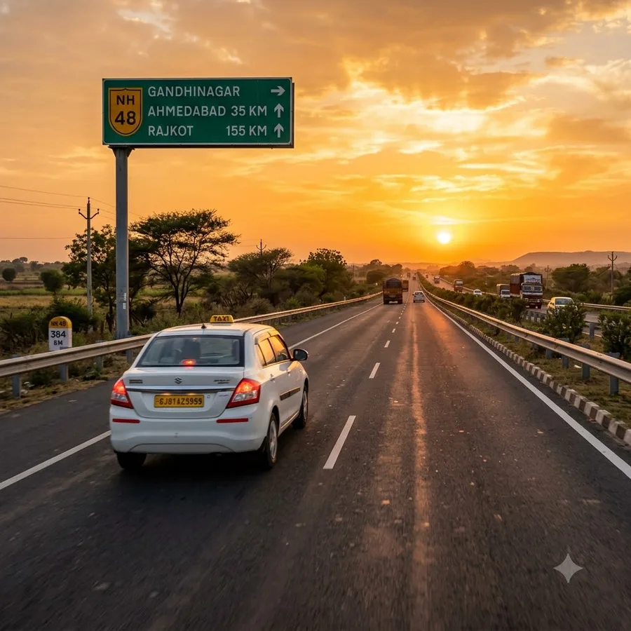 Sunset over the Vadodara to Surat highway, cab in motion