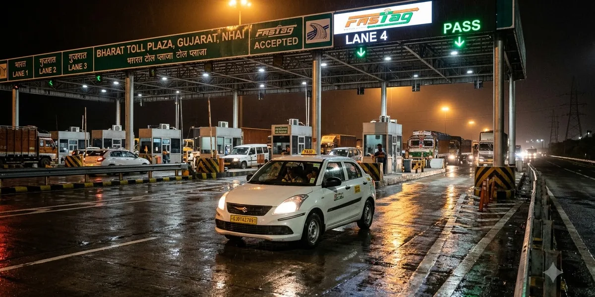 Toll plaza at night, cab passing through, warm sodium light