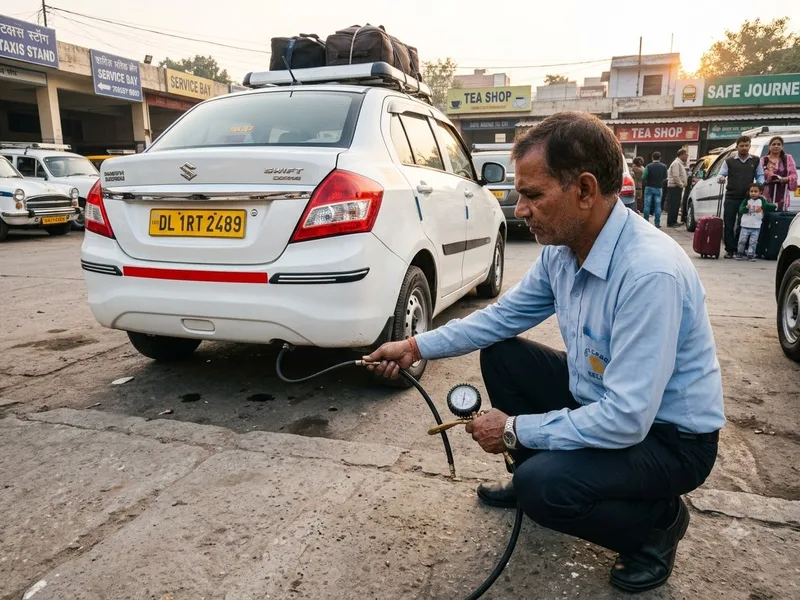 Driver checking tyre pressure before a long run