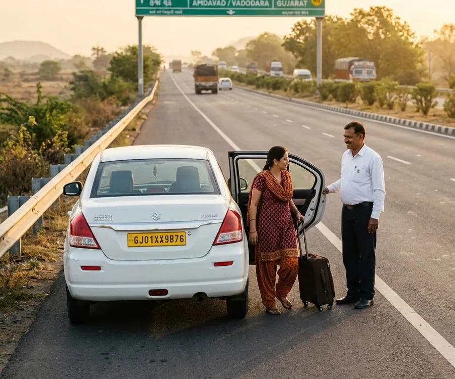 A clean white sedan on an open Gujarat expressway at first light. Driver in uniform holding the rear door for a woman wi