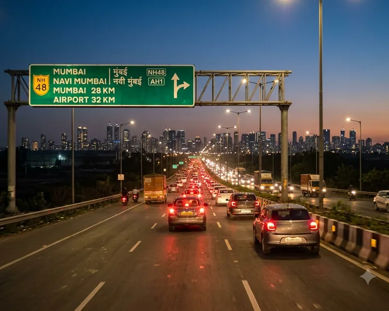 Highway at dusk heading toward the Mumbai skyline, warm tail lights, long exposure feel