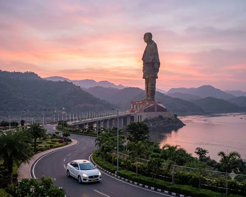 The Statue of Unity across the Narmada at dawn, a cab on the approach road in the foreground