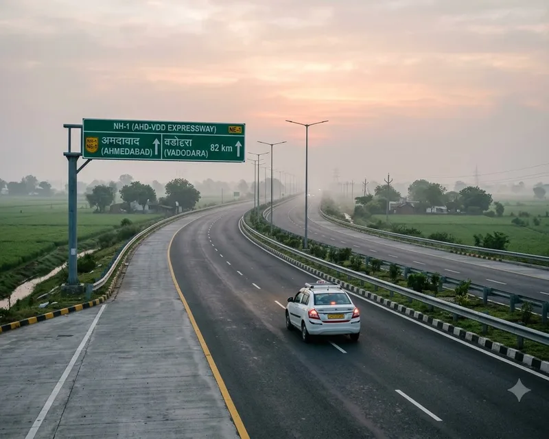 The Ahmedabad to Vadodara expressway from a low angle, early morning haze, one sedan mid frame