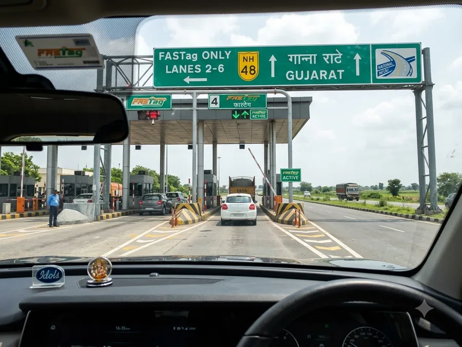 A toll plaza seen from inside the cab, FASTag reader visible, road opening ahead. Daylight
